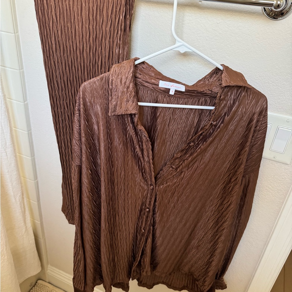 Brown Textured Shirt and Pants Set